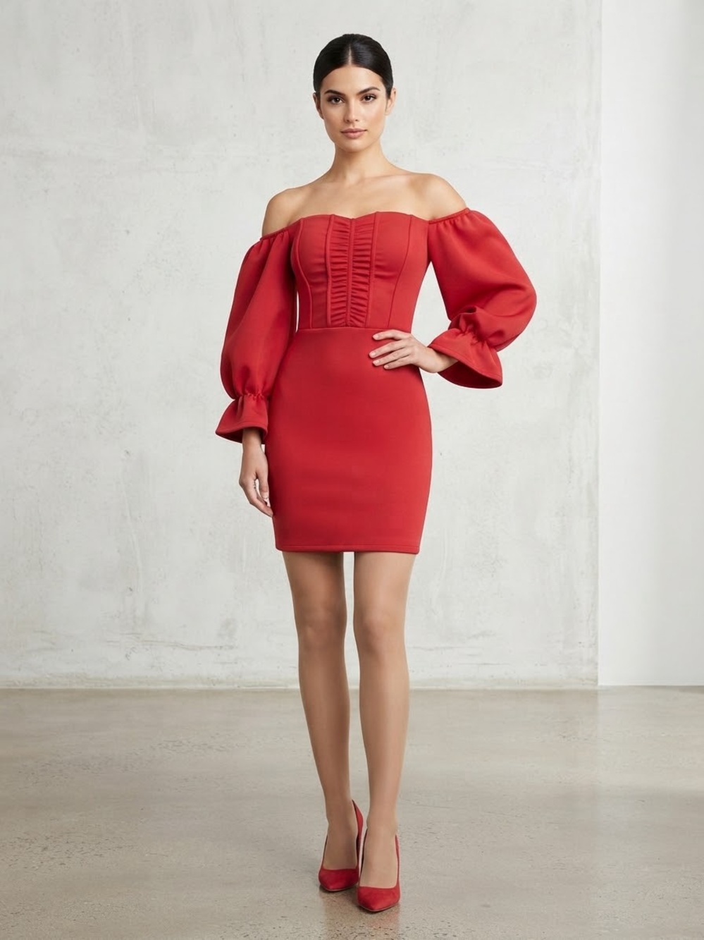 Source Unknown Red Off-Shoulder Puff-Sleeve Bodycon Dress
